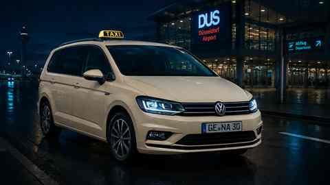 Fotorealistische Darstellung eines hellelfenbeinfarbenen VW Touran für den Flughafentransfer in Gelsenkirchen